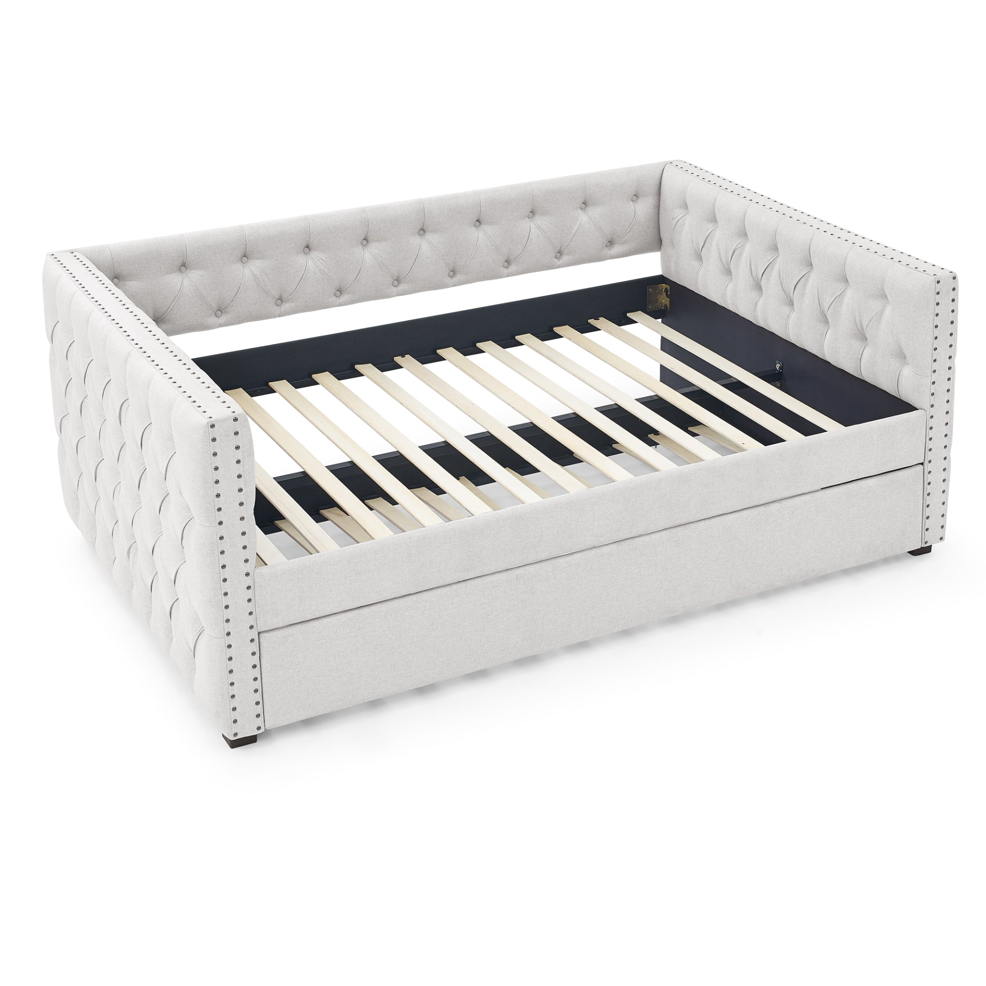 Beige - Button Tufted Daybed Sofa with Pull-Out Trundle - Full Size Daybed & Twin Trundle (85"x57"x31.5")