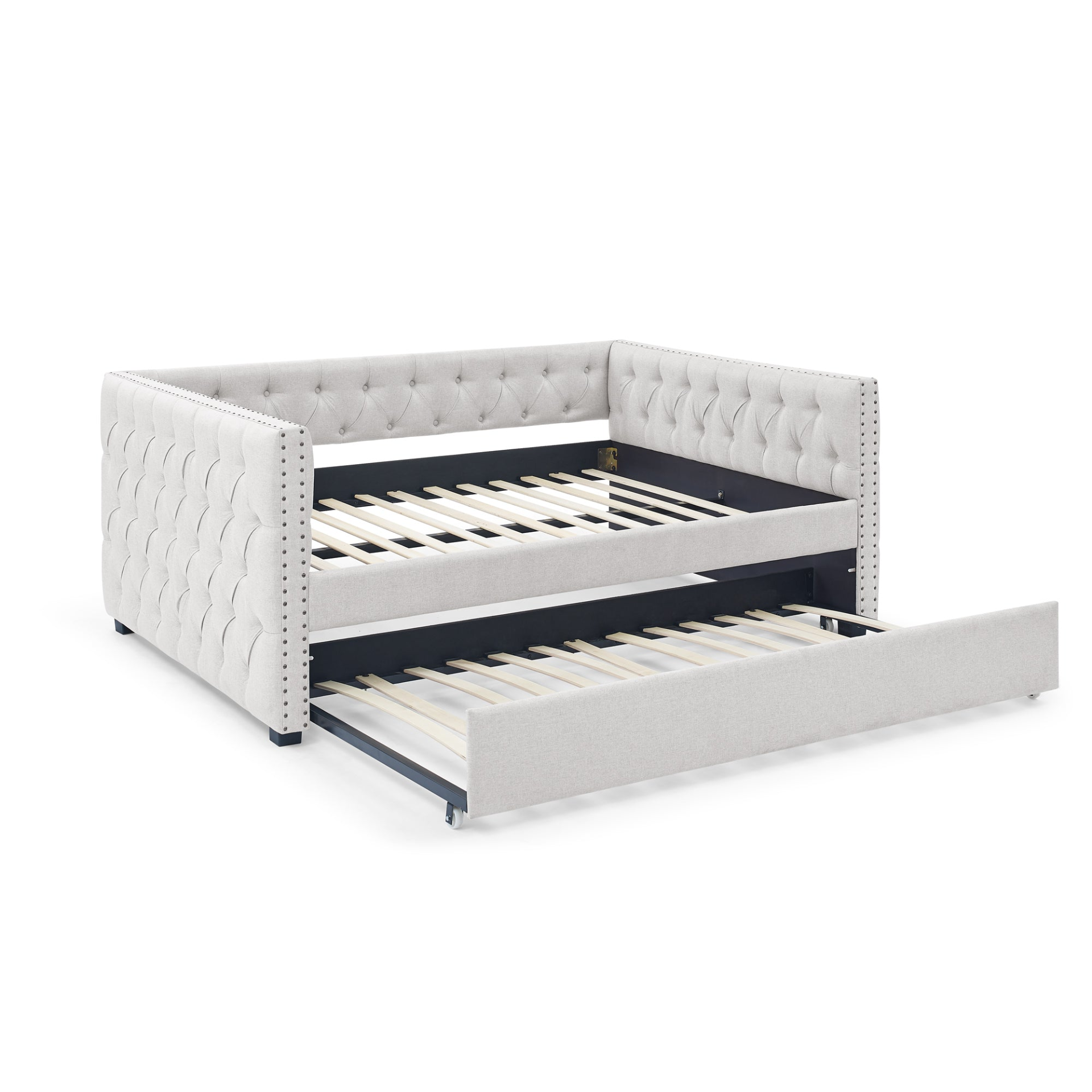 Beige - Button Tufted Daybed Sofa with Pull-Out Trundle - Full Size Daybed & Twin Trundle (85"x57"x31.5")
