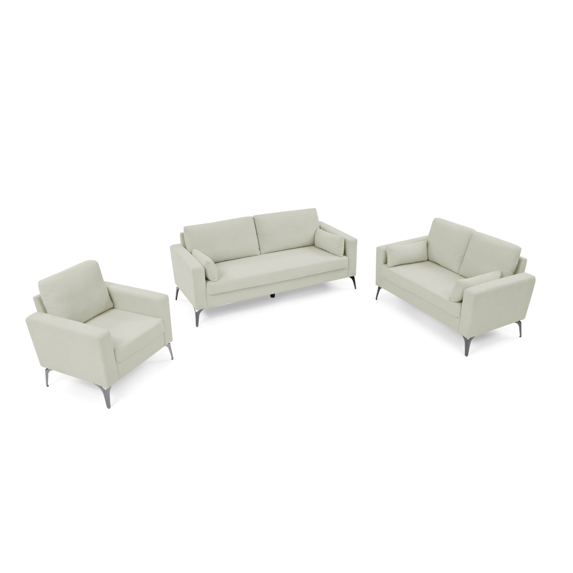 Beige - Classic Corduroy Trio: 3-Piece Living Room Sofa Set With 2 Small Pillows