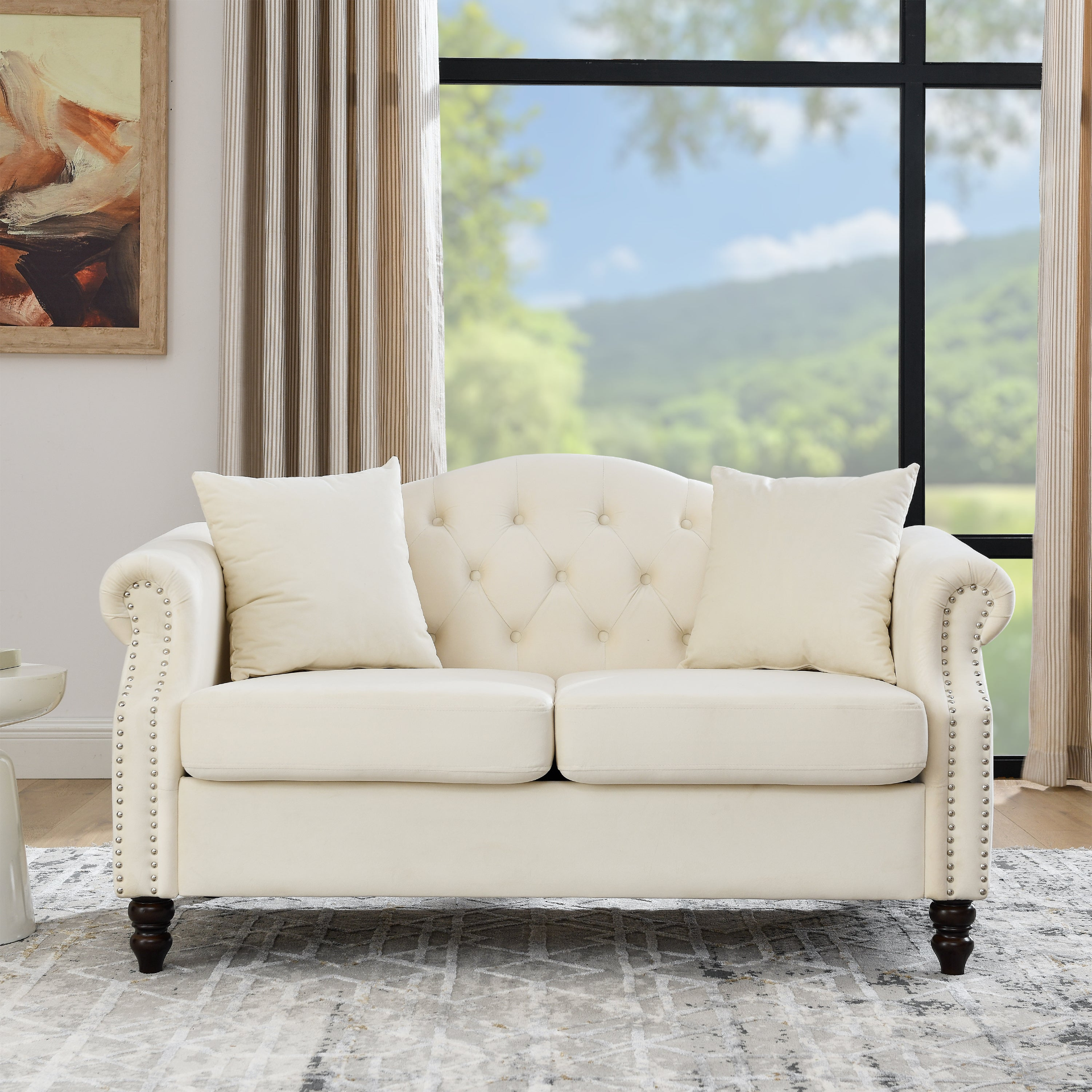 Beige - Timeless 2-Seater Chesterfield Sofa With (2) Decorative Pillows