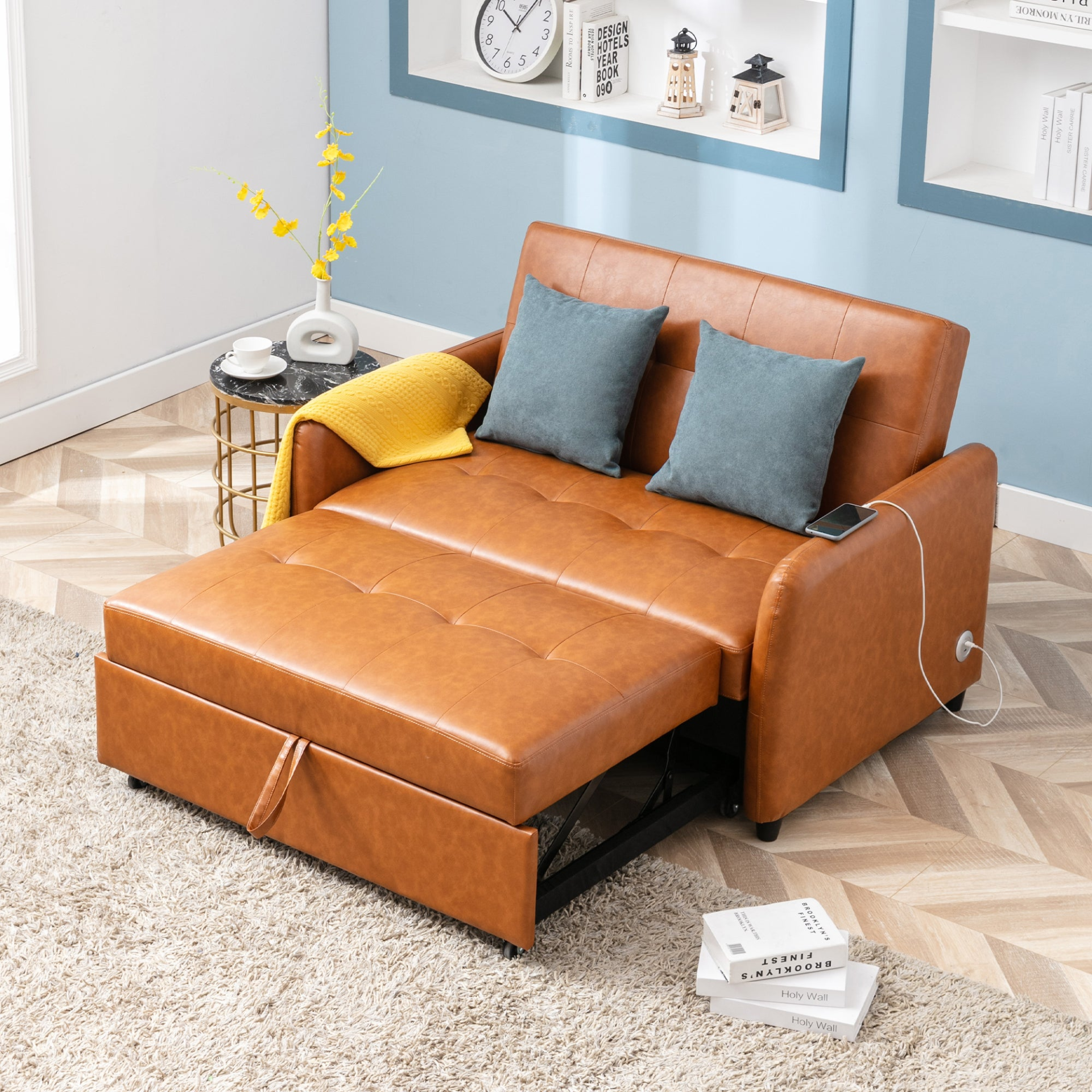Brown - Smart Rest Convertible Armchair Sofa Bed With Dual USB Ports (51.5")