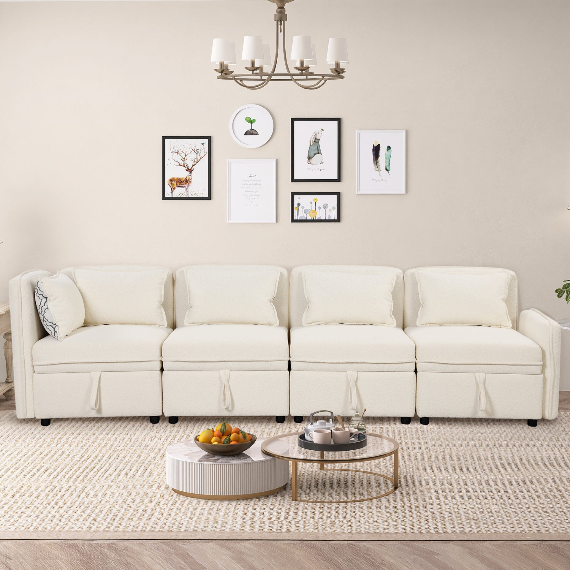 Cream - Contemporary 4-Seater Modular Sectional Sofa With Chenille Upholstery and (5) Pillows (122.8")