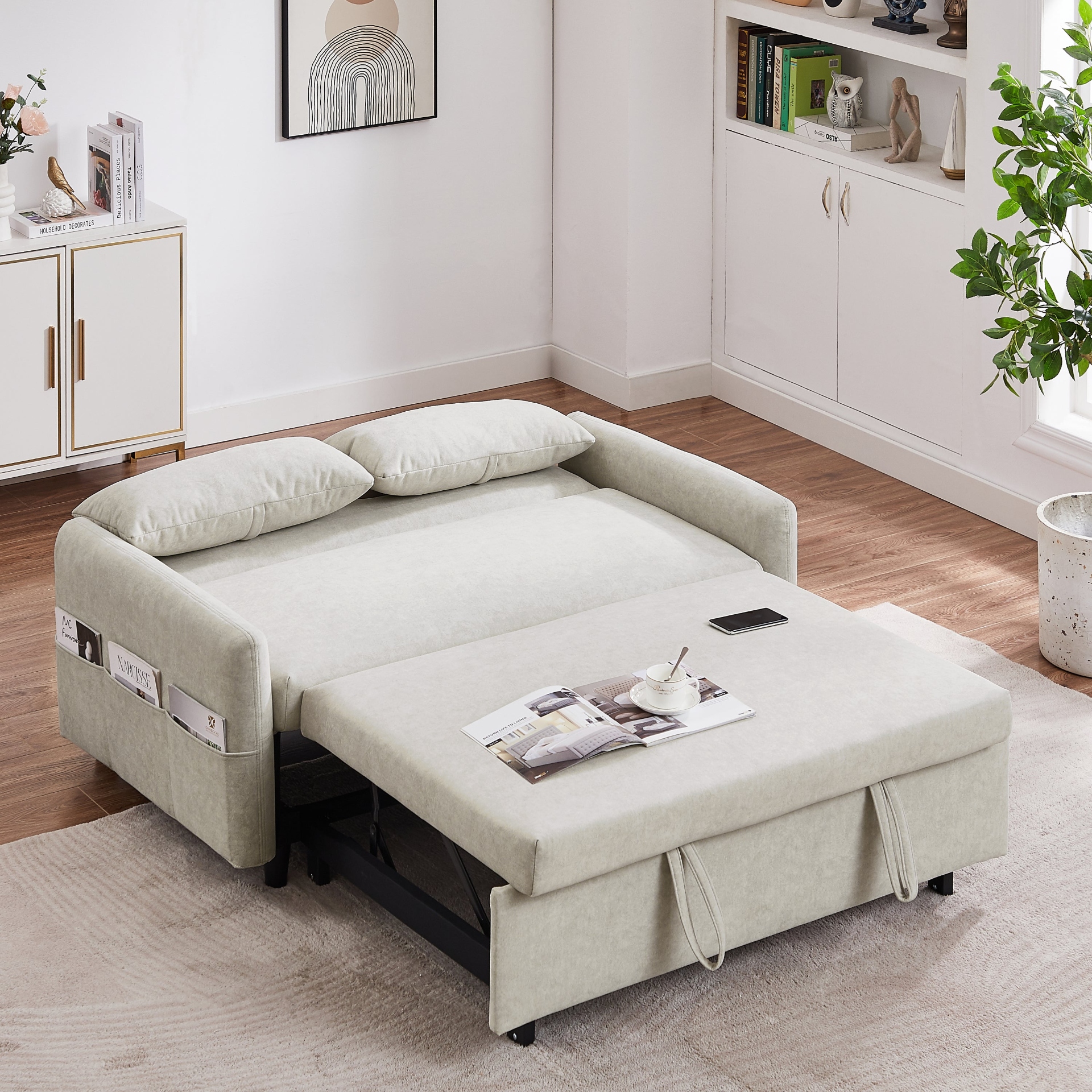 Beige - Urban Chic Loveseat Style Sofa Bed with Adjustable Backrest and USB Ports (55")