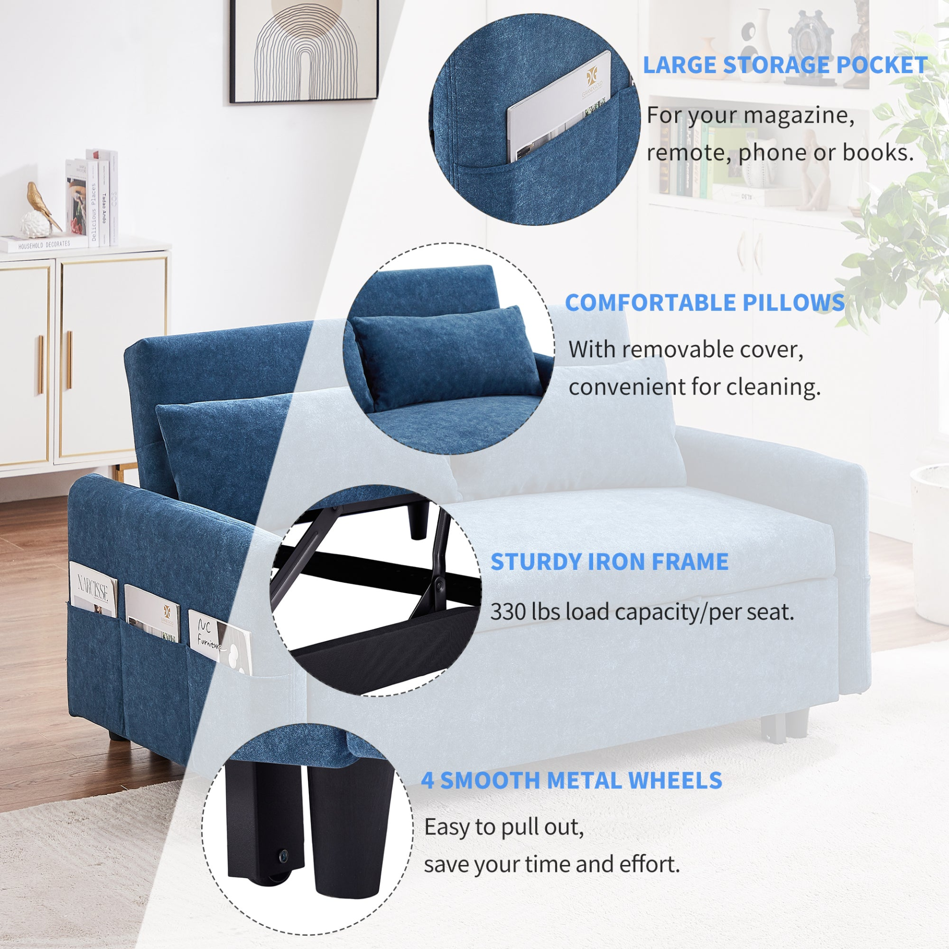 Blue - Urban Chic Loveseat Style Sofa Bed with Adjustable Backrest and USB Ports (55")