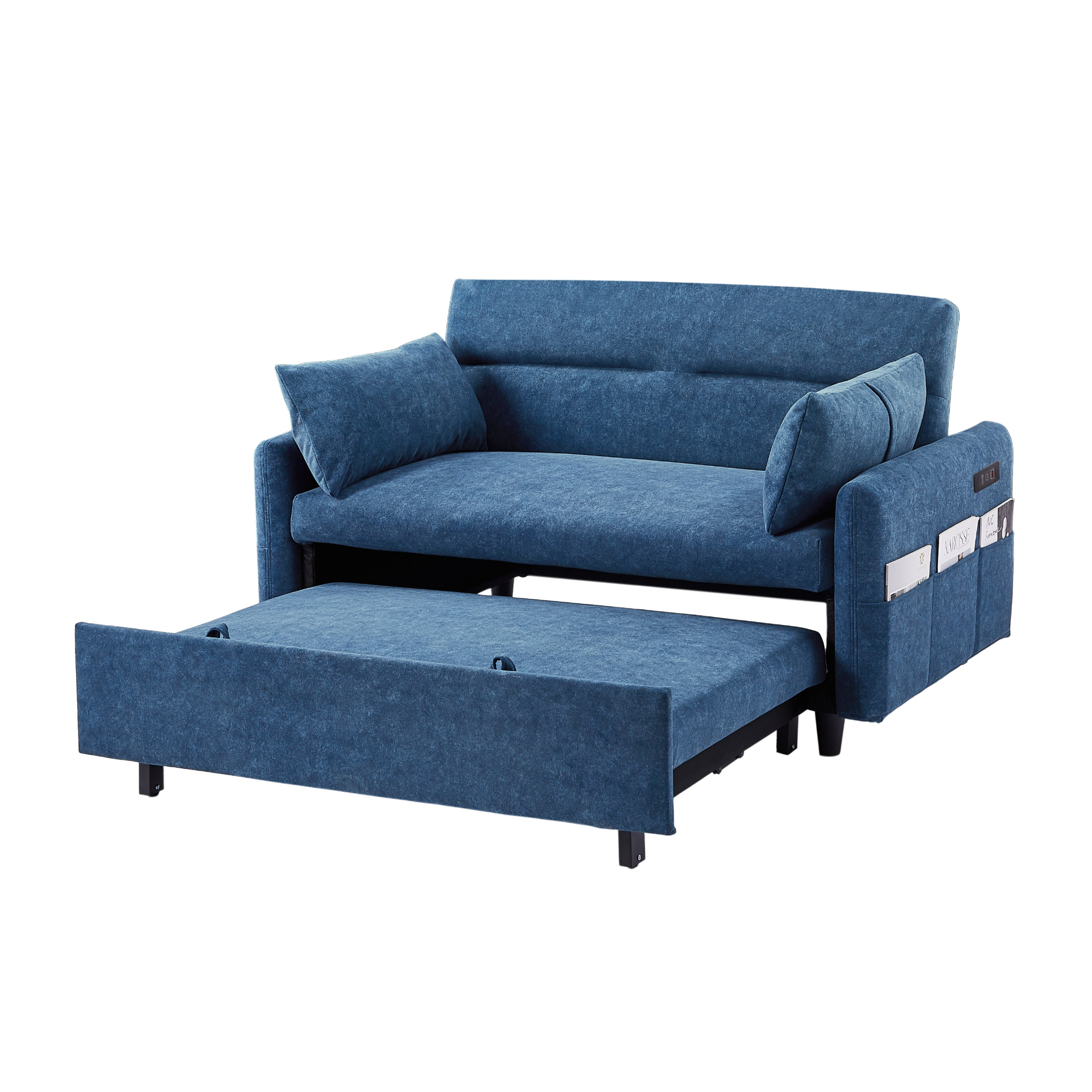 Blue - Urban Chic Loveseat Style Sofa Bed with Adjustable Backrest and USB Ports (55")