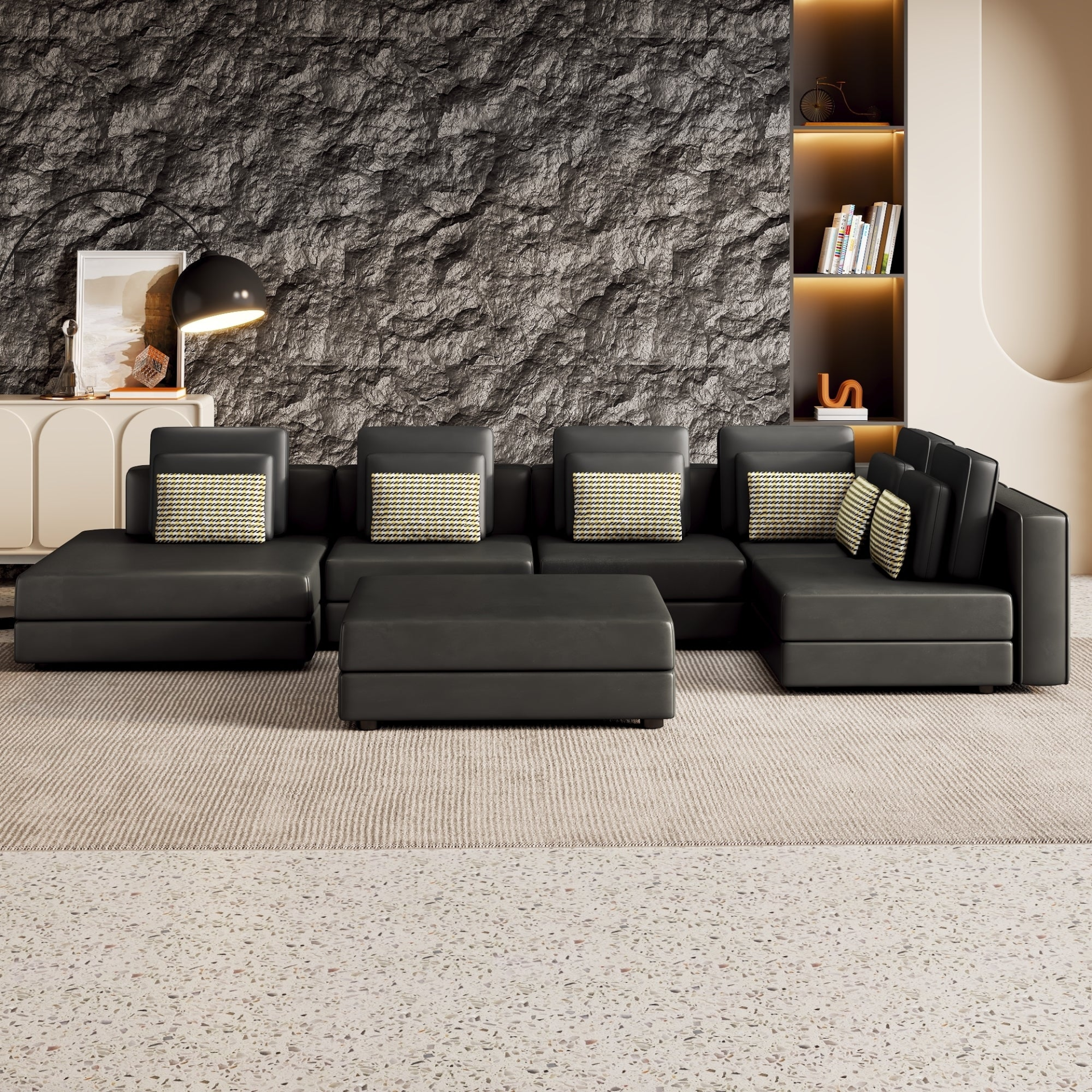 Black - Chic Modular Sectional Sofa With Movable Ottoman (112.7" x 103")