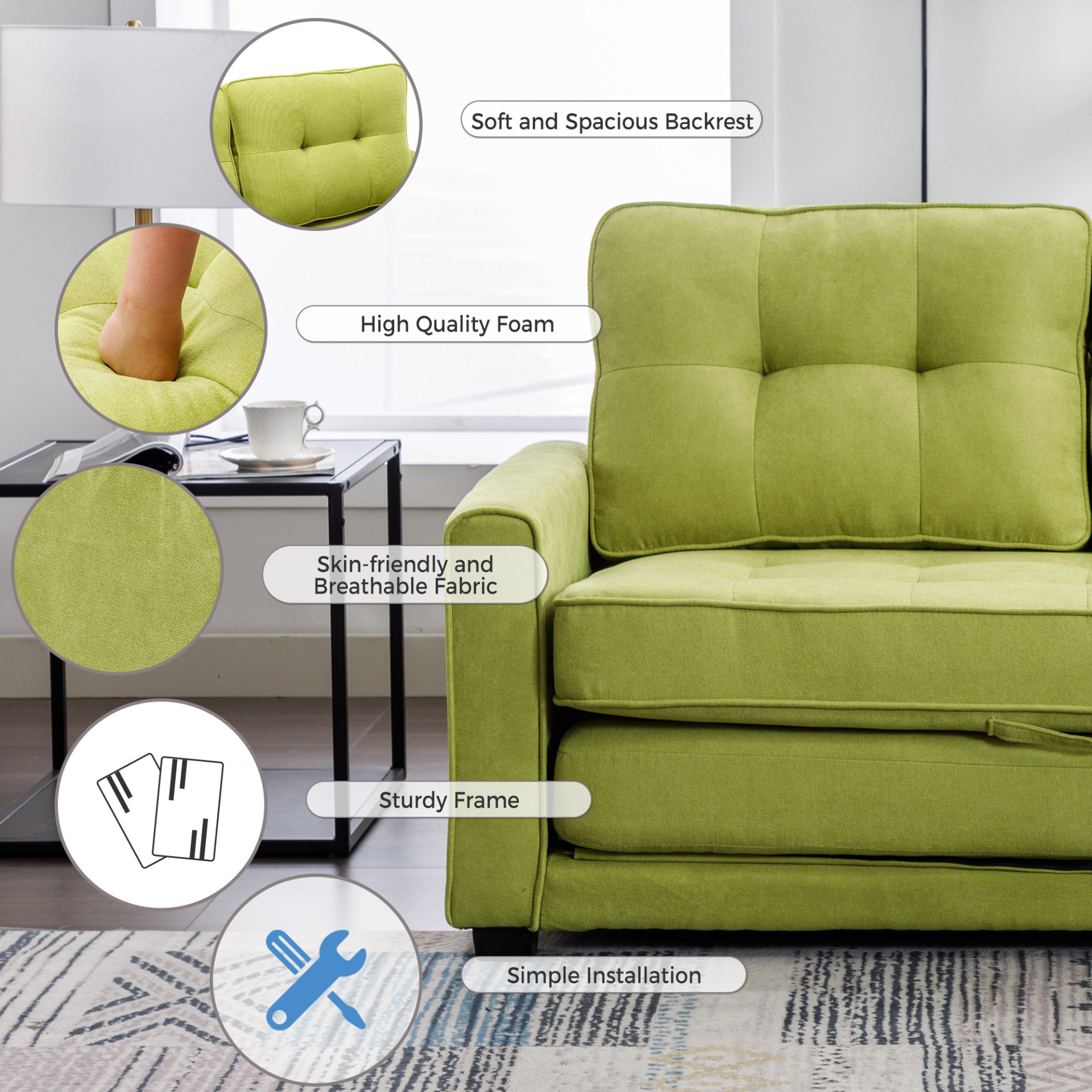 Bright Green - Contemporary Loveseat Style Sofa with Pull-Out Bed (59")