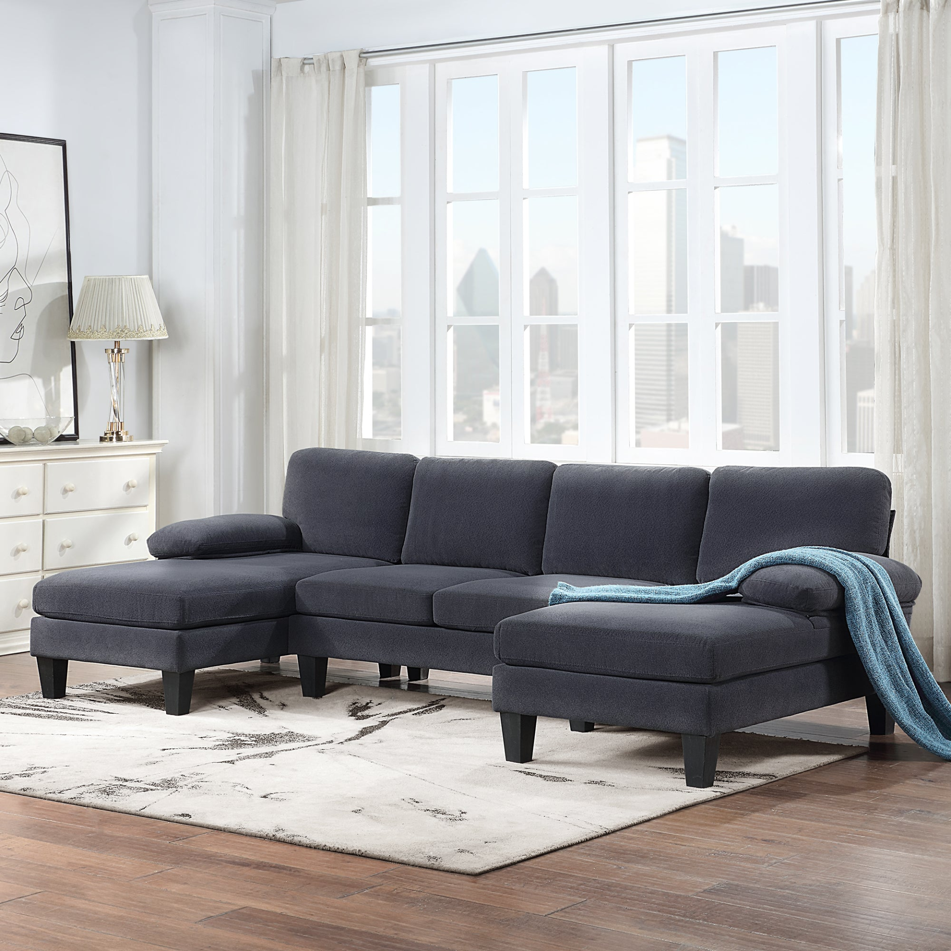 Dark Grey - Luxe Lounge: 6 - Seat U-Shaped Granular Velvet Sofa With Double Chaise (112" x 56")