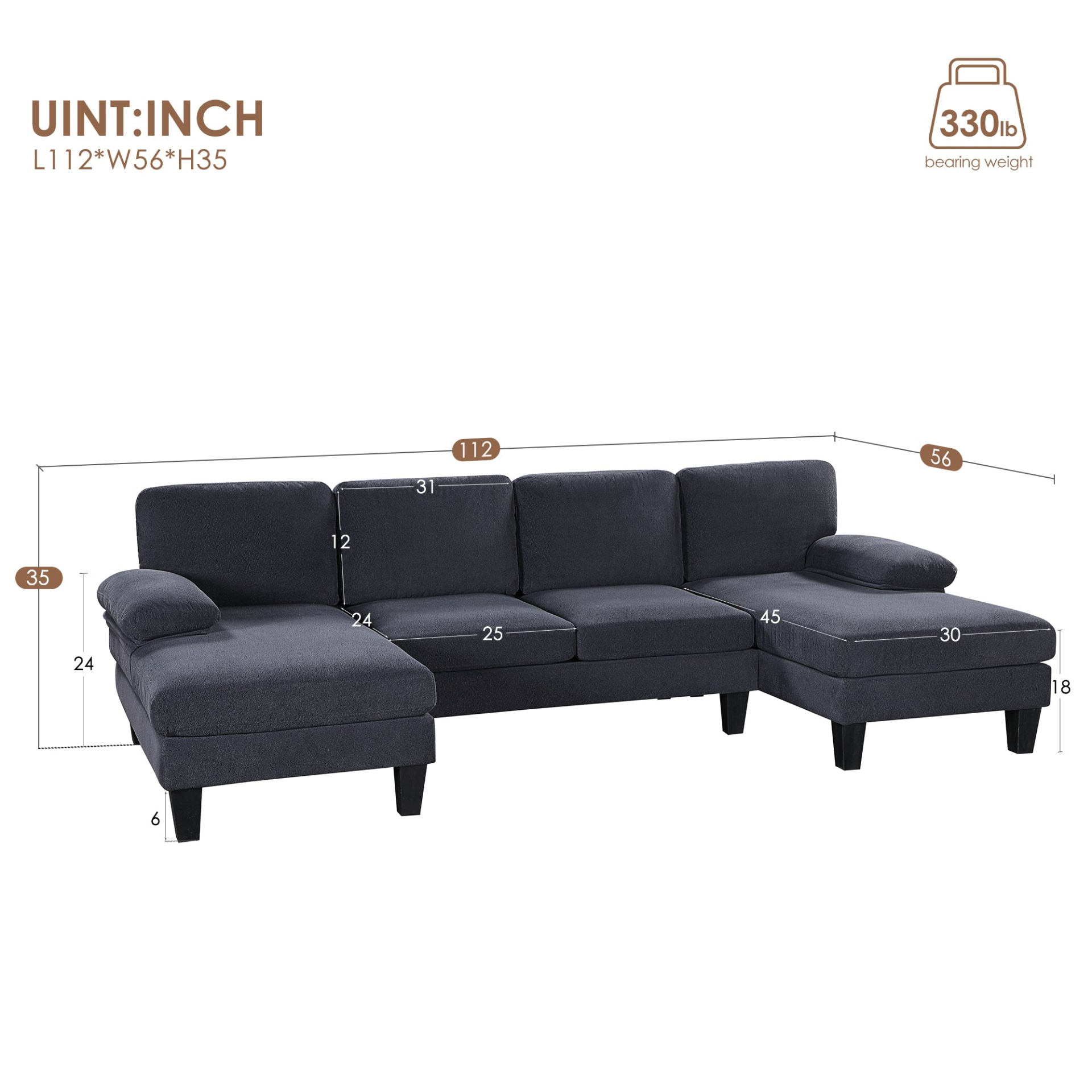 Dark Grey - Luxe Lounge: 6 - Seat U-Shaped Granular Velvet Sofa With Double Chaise (112" x 56")