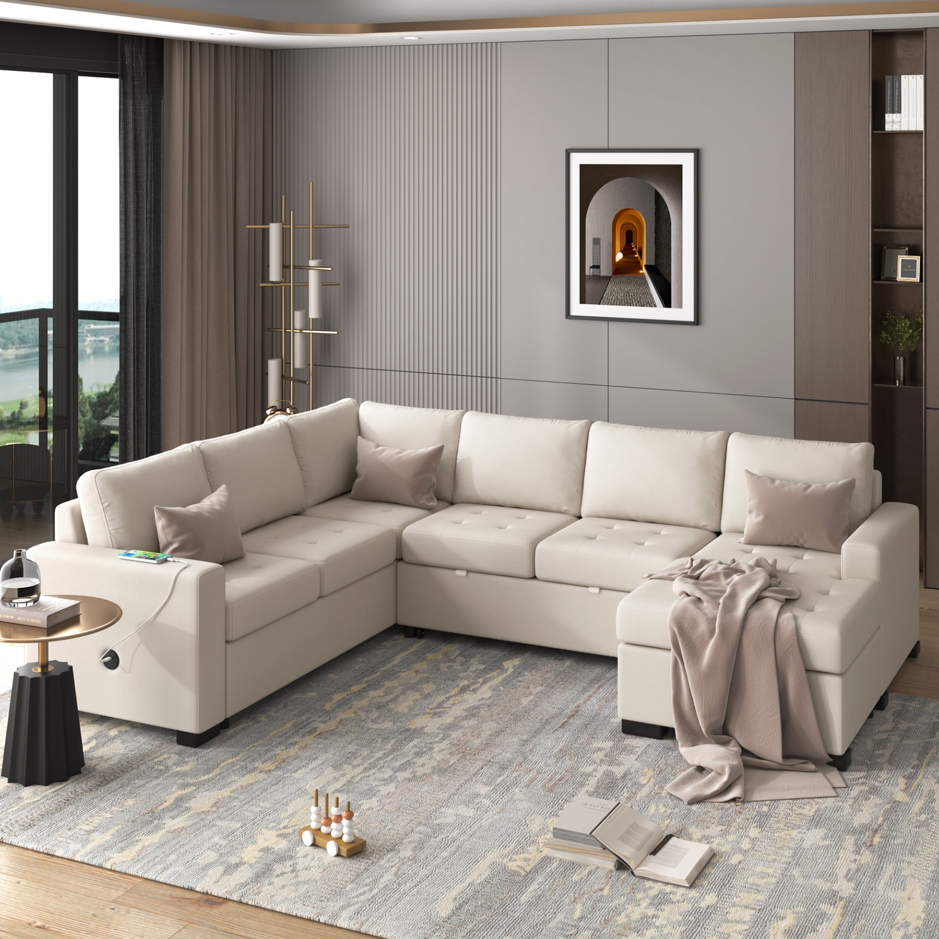 Beige - Contemporary L-Shaped Modular Sofa With USB & Type-C Interfaces