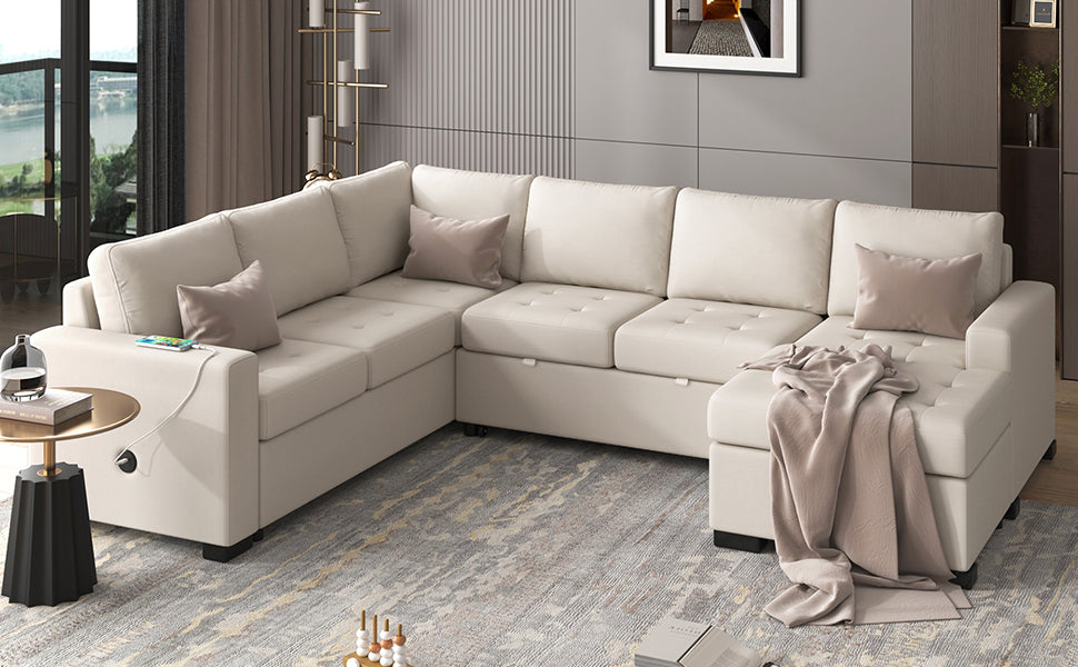 Beige - Contemporary L-Shaped Modular Sofa With USB & Type-C Interfaces