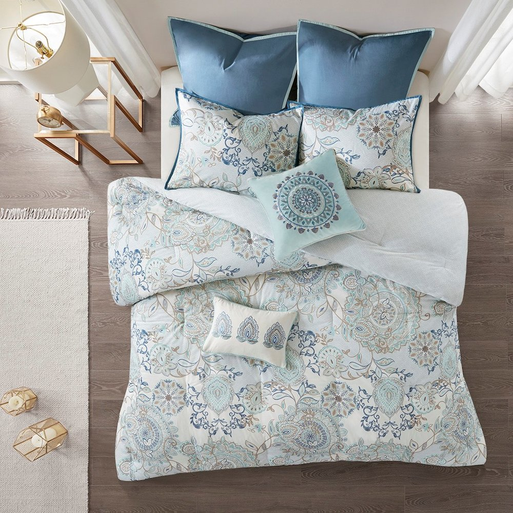 Seafoam, Grey & White - Lavish Medallion Pattern Cotton Reversible Comforter Set (8 Piece) Queen