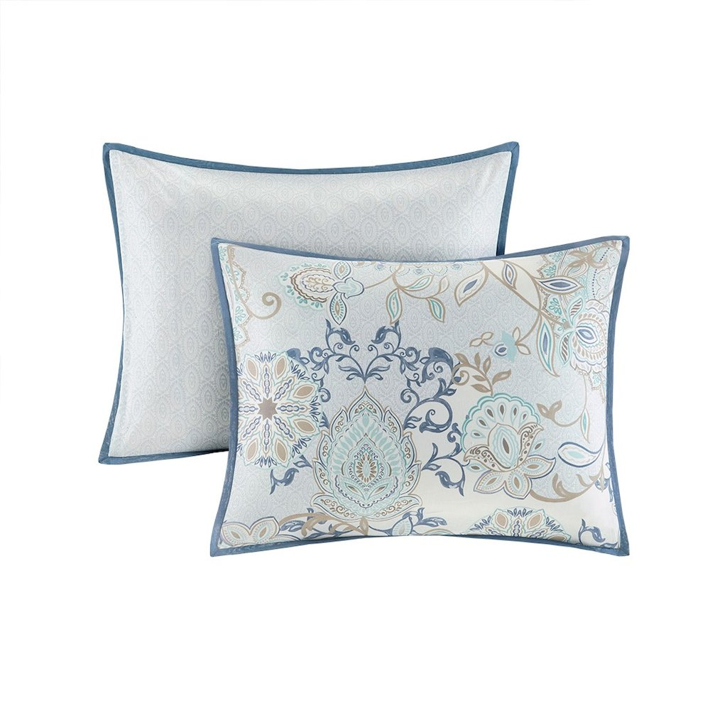 Seafoam, Grey & White - Lavish Medallion Pattern Cotton Reversible Comforter Set (8 Piece) Queen