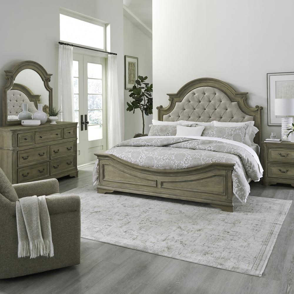 King - Masterpiece Magnolia Manor Bed Set (Upholstered Bed, Night Stand, Dresser & Mirror)