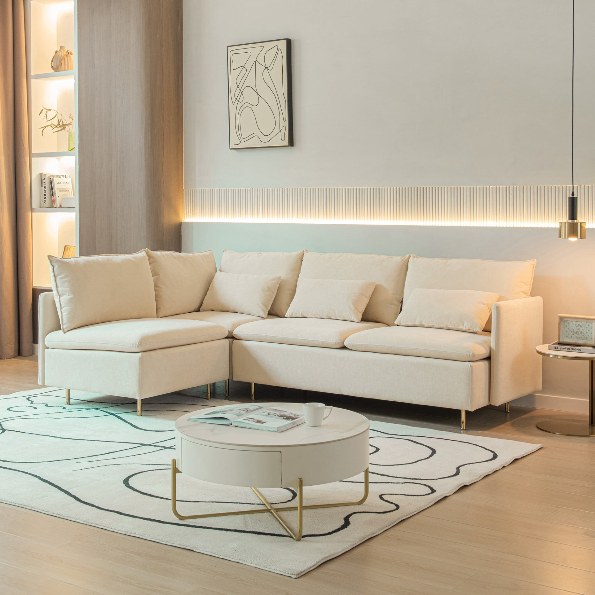 Beige - L-Shaped Modular Style Sectional Sofa, Movable Chaise Left/Right (90.9")