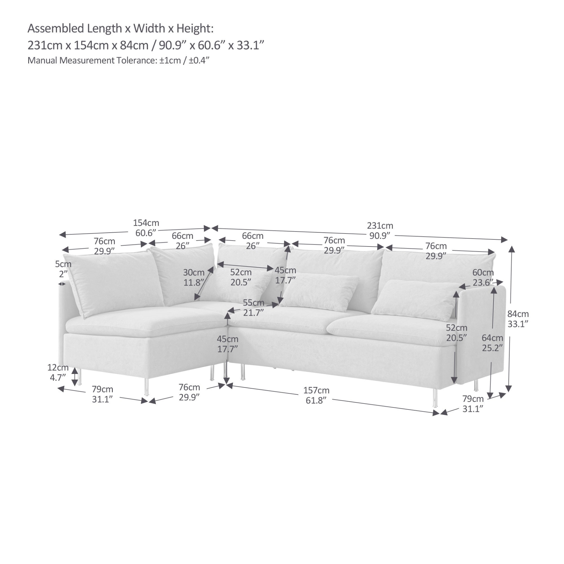 Beige - L-Shaped Modular Style Sectional Sofa, Movable Chaise Left/Right (90.9")
