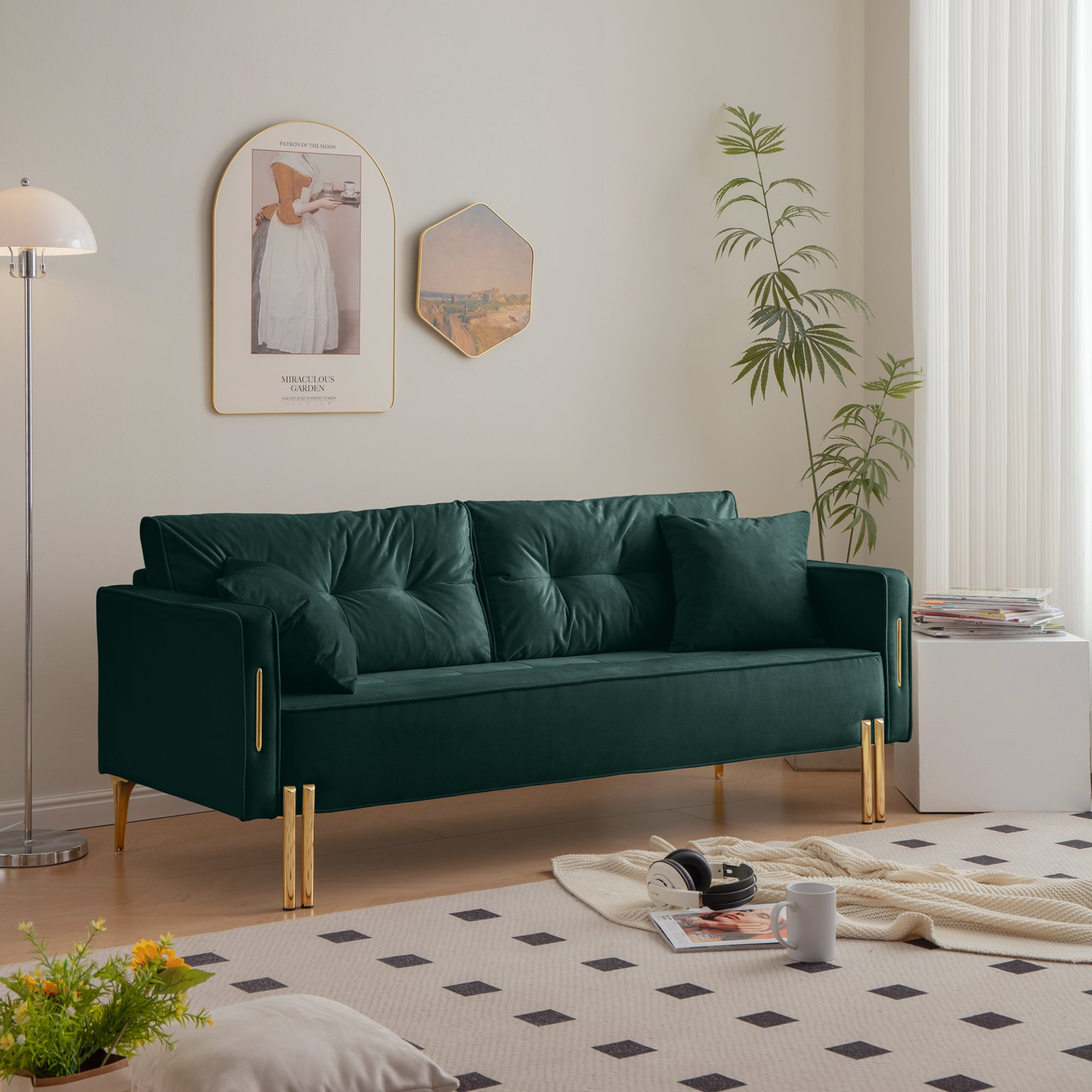 Emerald - Luxurious Velvet 3-Seater Sofa With Golden Accents (70")