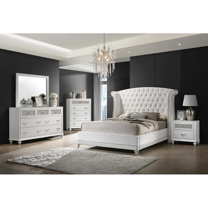 California King - Sparkling White Velvet Upholstered Bed Set With Silver Accents (5 Pc)