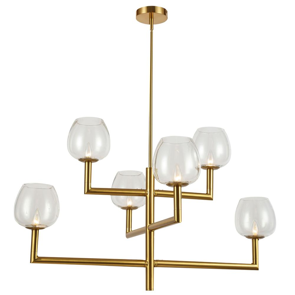 Chic Contemporary Six-Light Gold Tone Chandelier With Glass Shades (36"W x 22"H)