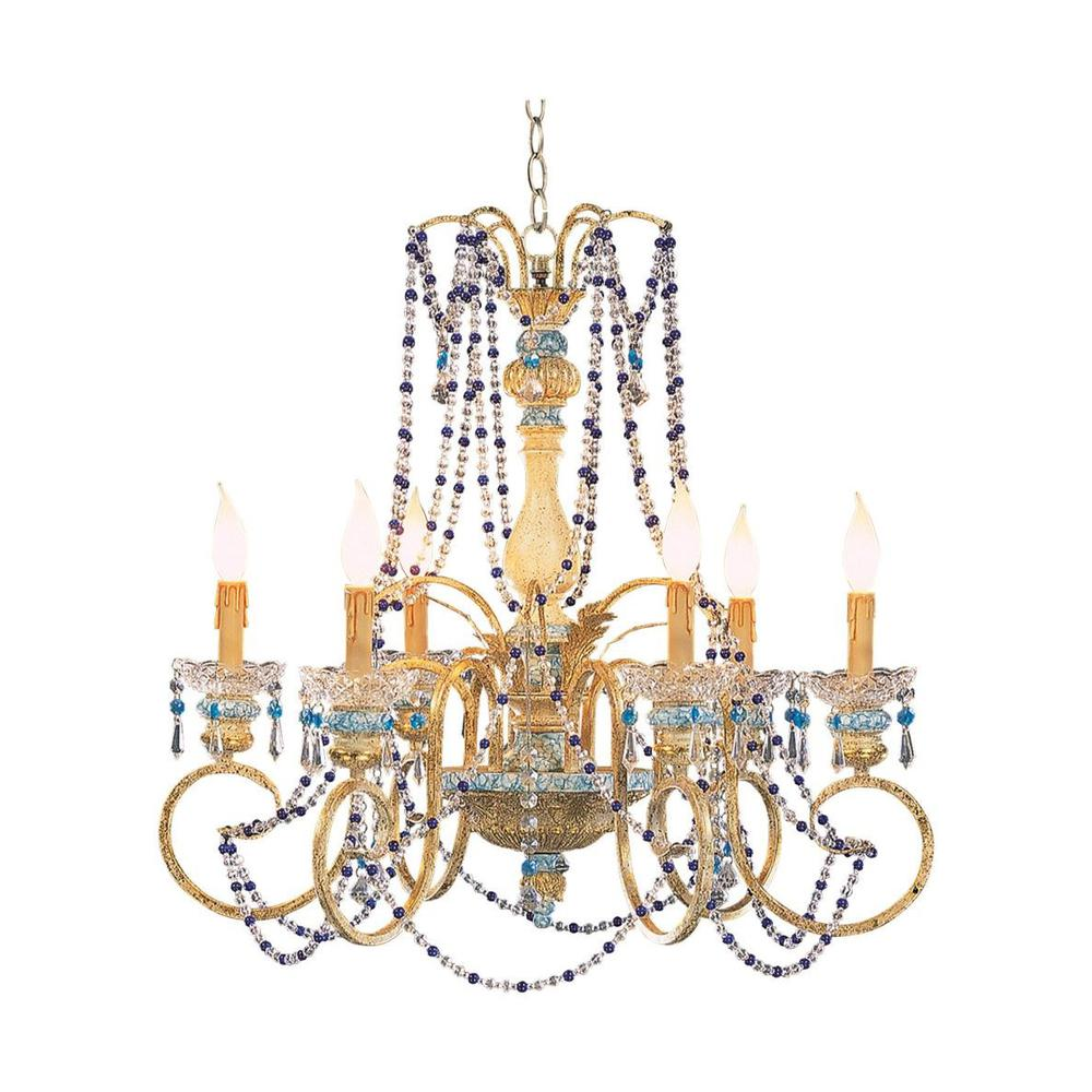 Antique Golden Candle Design Hanging Chandelier With Ivory & Blue Accent (27.5"Wx25.5"H)