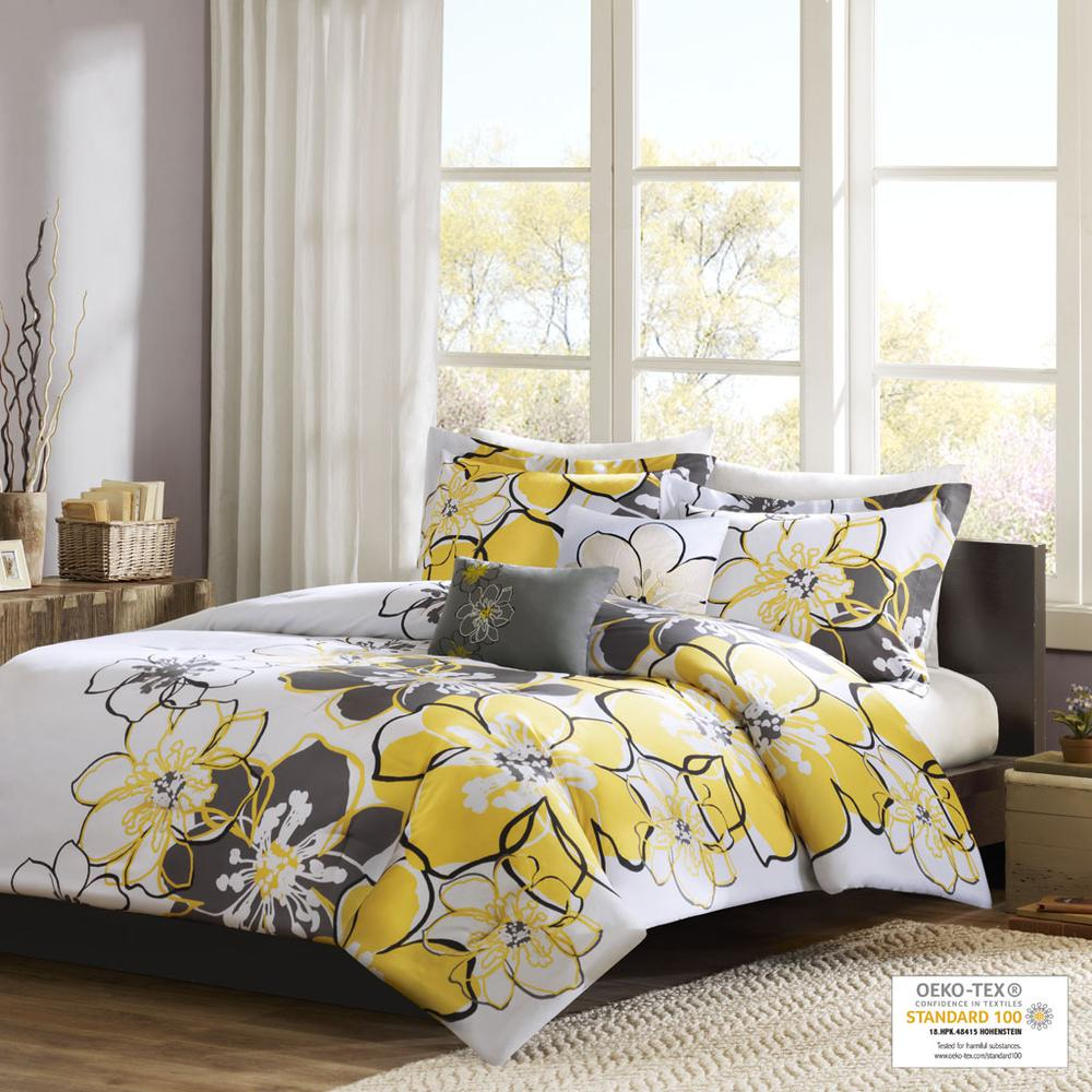 Yellow & Grey - Vibrant Floral Comforter Set (4 Piece) Full/Queen