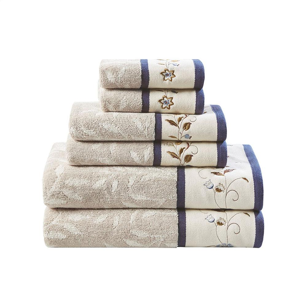 Palace Style Embroidered Cotton Jacquard Towel Set (6 Piece) Navy Blue Details