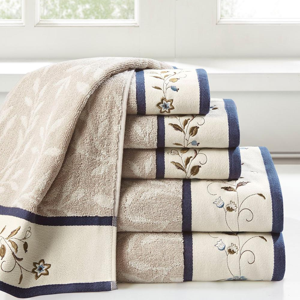 Palace Style Embroidered Cotton Jacquard Towel Set (6 Piece) Navy Blue Details