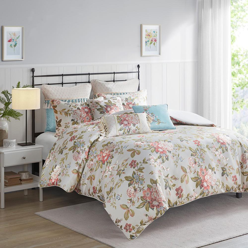 Ivory - Floral Bliss Jacquard Comforter Set (8 Piece) Queen