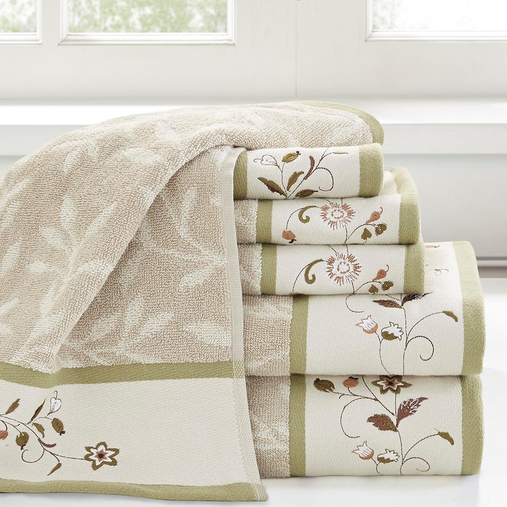 Palace Style Embroidered Cotton Jacquard Towel Set (6 Piece) Green Details