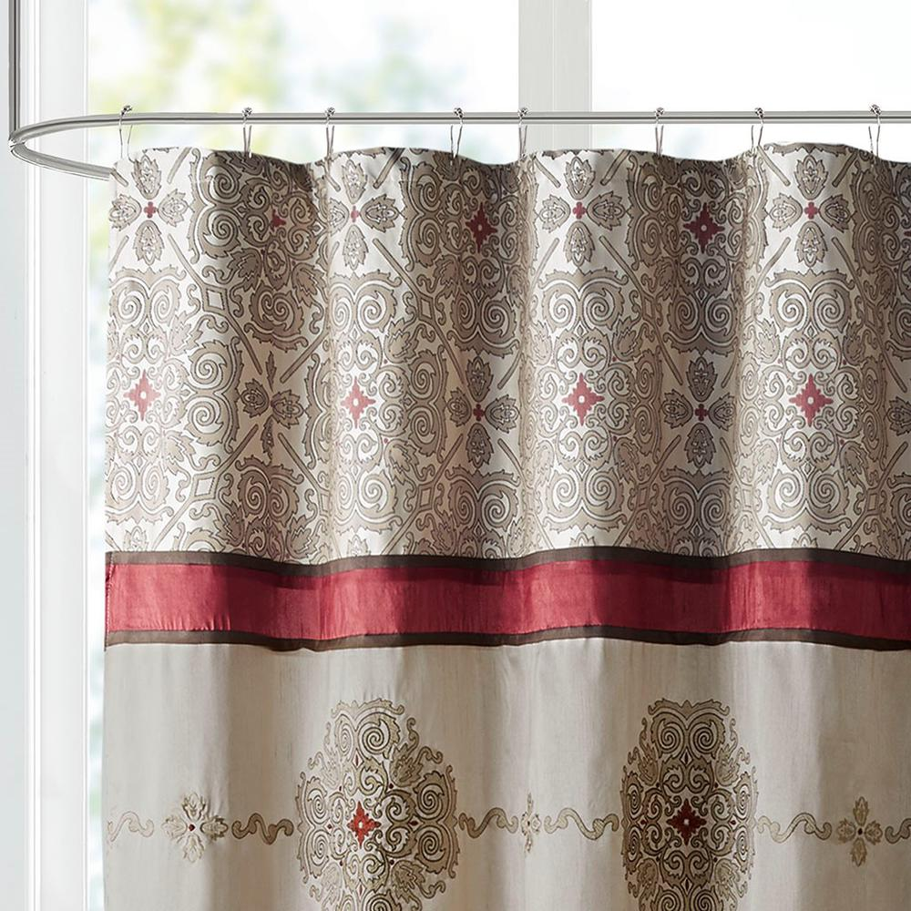 Red & Brown - Stunning Color-Blocked Design Shower Curtain With Emboidery Accents  (72"x72")