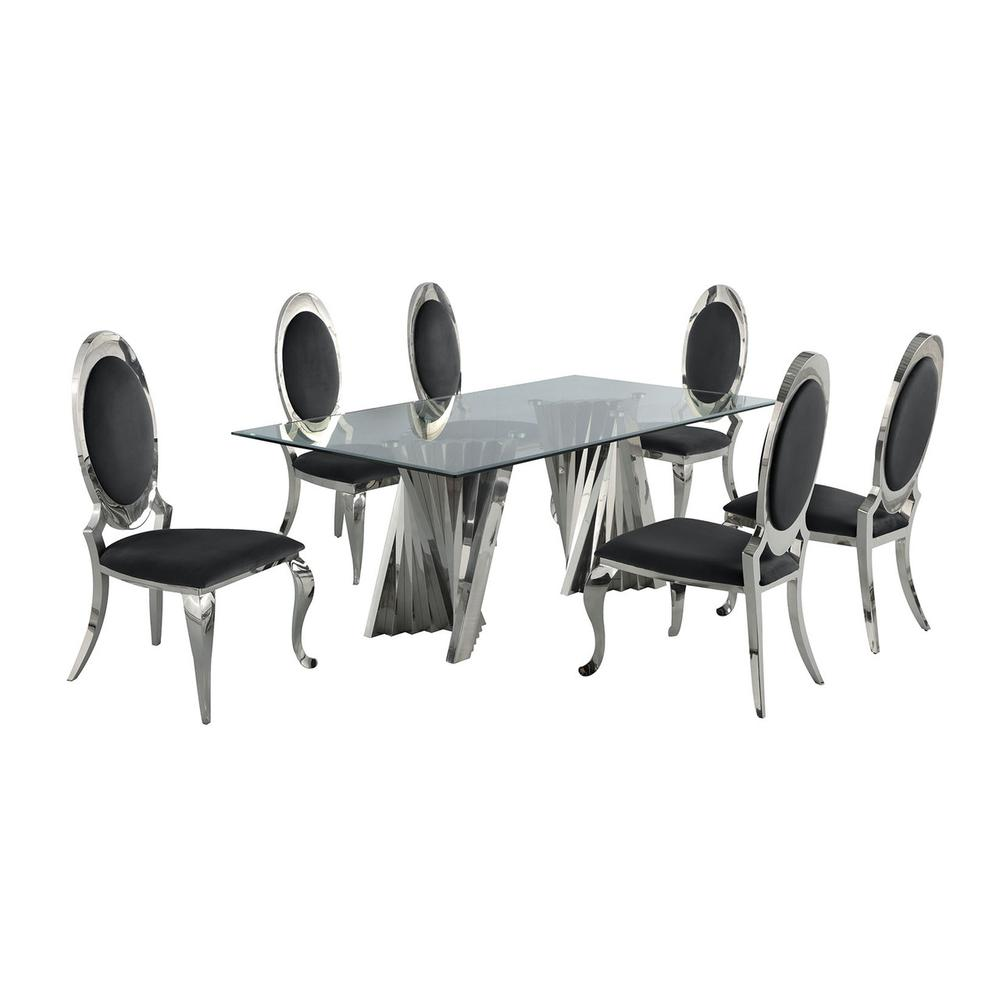 Black - Sleek Glass-Top Design Dining Set With Silver Spiral Base