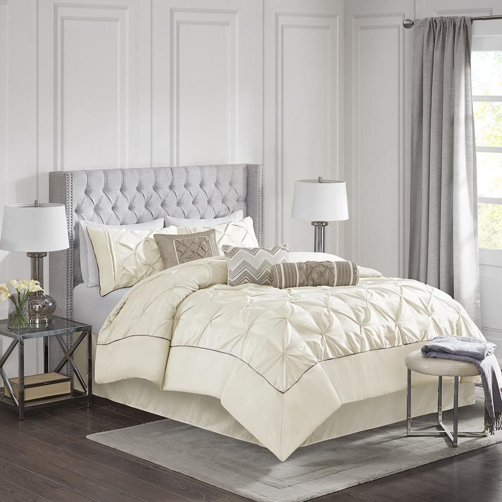 Ivory - Elegant Pleated Design Comforter Set (7 Piece) Cal King