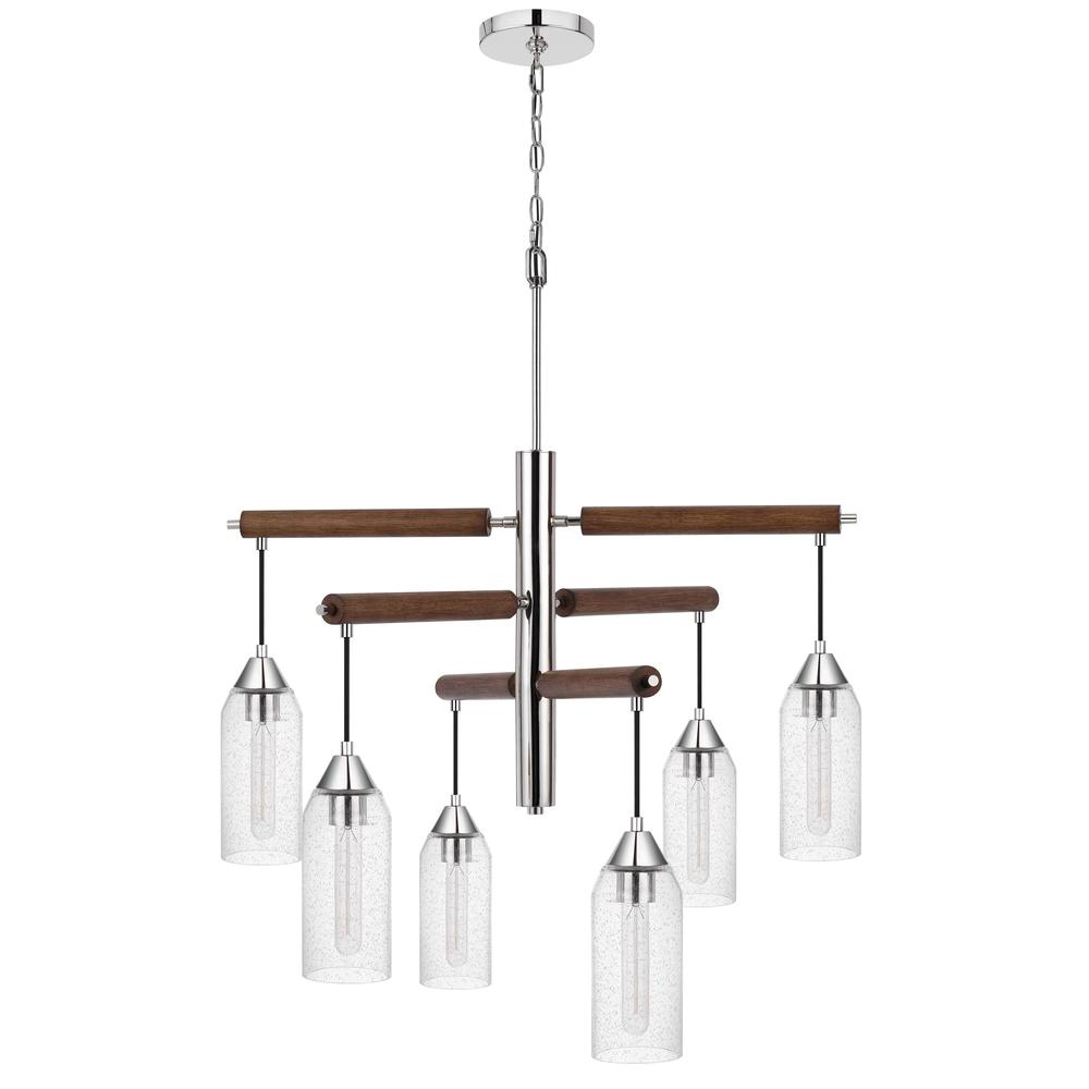 Six-Light Hanging Chandelier With Wooden Accents (32.0"W x 38.0"H)