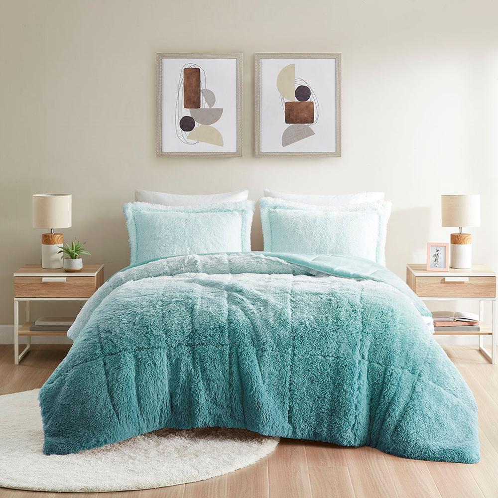Turquoise/Teal - Trendy Shaggy Faux Fur Comforter Set (3 Piece) Full/Queen