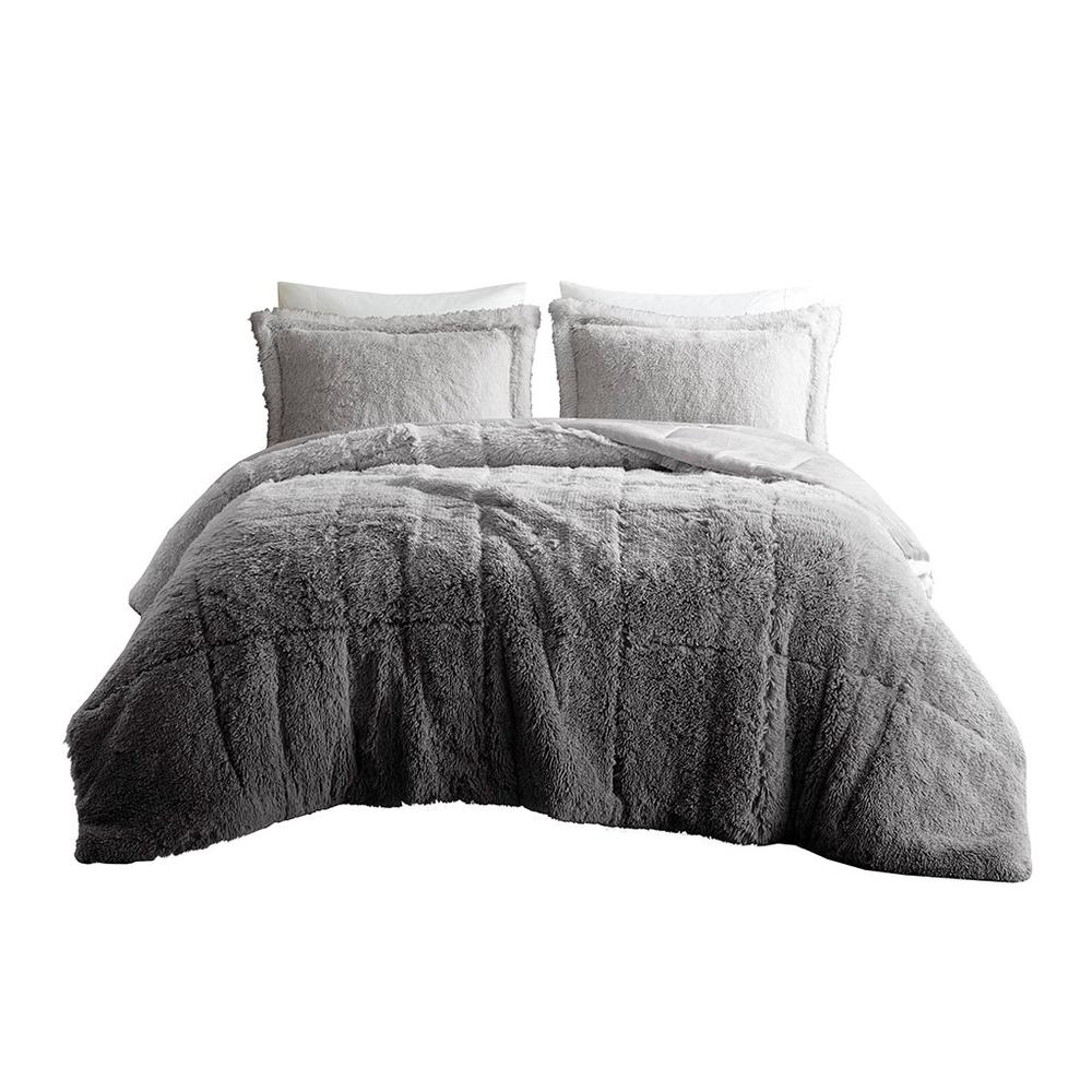 Greyish/Black - Trendy Shaggy Faux Fur Comforter Set (3 Piece) Twin/Twin XL