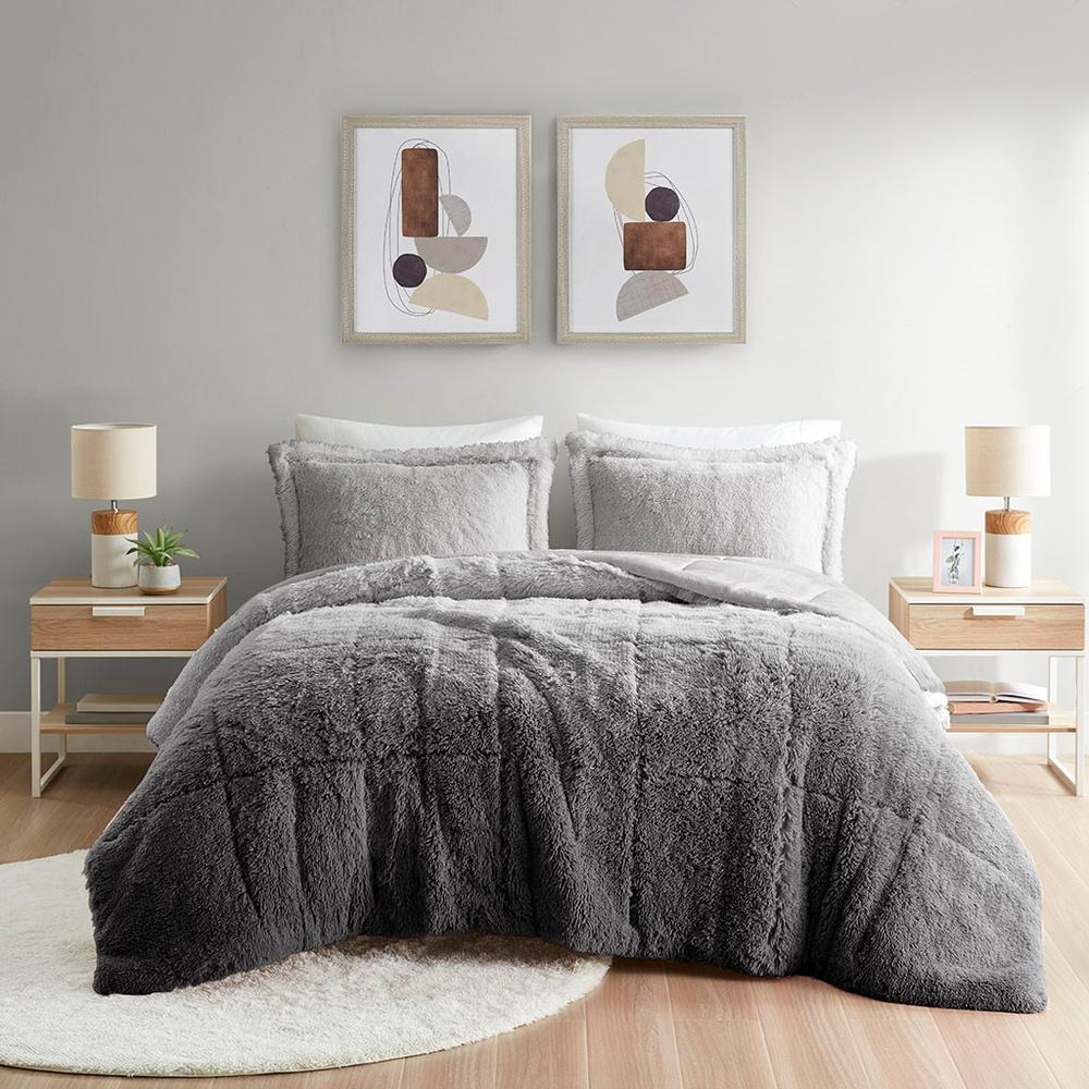 Greyish/Black - Trendy Shaggy Faux Fur Comforter Set (3 Piece) Twin/Twin XL